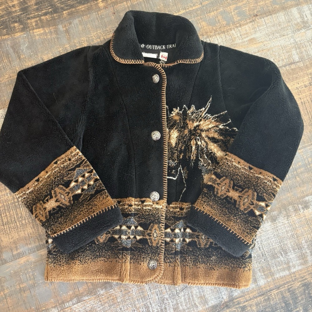 Vintage Outback Trading Co Horse Print Jacket Women's XS Button Brown Fleece